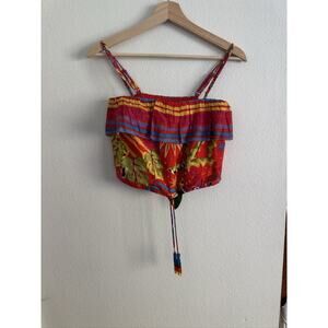 Farm Rio Tropical Crop Top Blouse Strappy Tassel Red Multi Womens Small